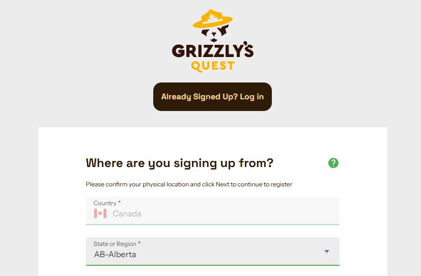 Register new Grizzly Quest account by selecting your region